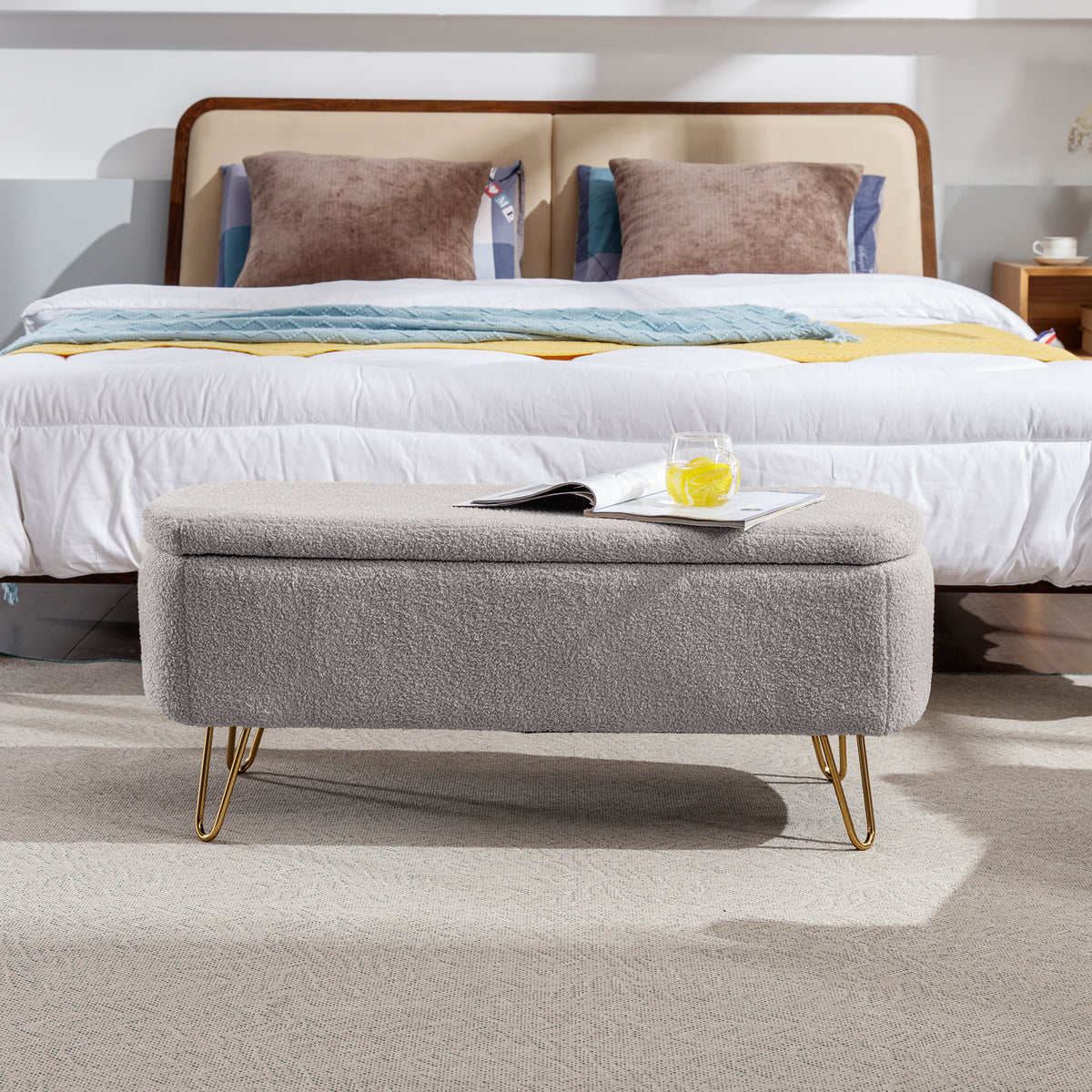 Grey Faux Fur Storage Ottoman Bench with Gold Legs