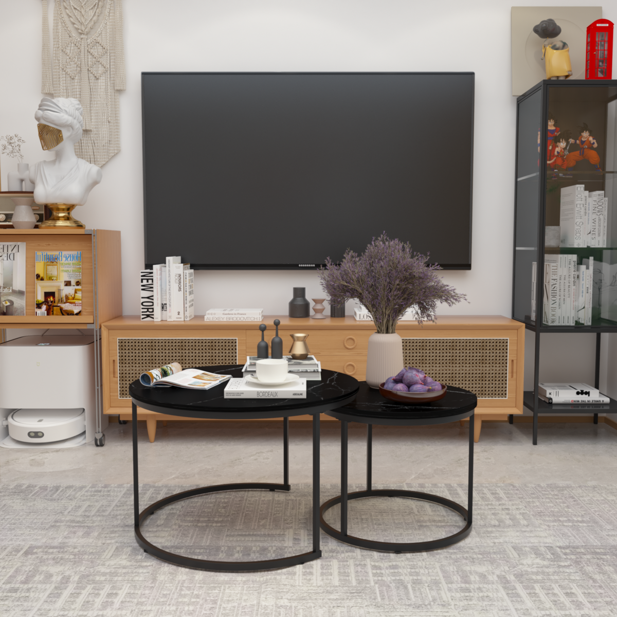 Marble Effect Nesting Coffee Table Set of 2 — Black Metal Frame