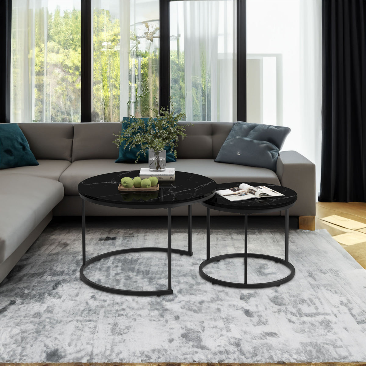 Marble Effect Nesting Coffee Table Set of 2 — Black Metal Frame