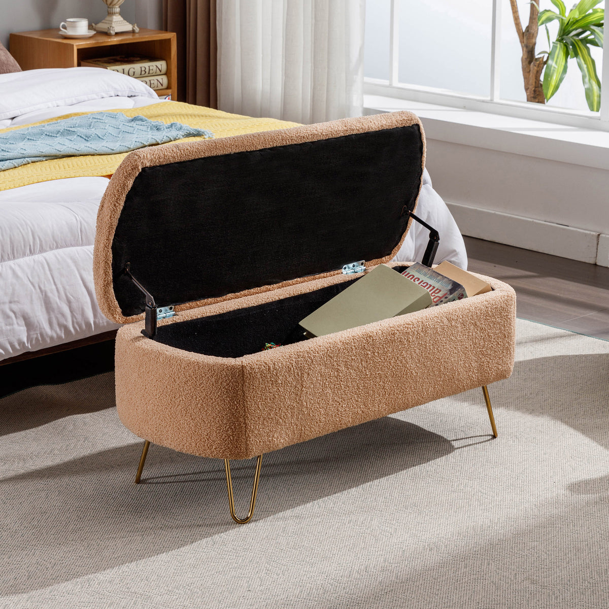 Camel Faux Fur Storage Ottoman Bench with Gold Legs