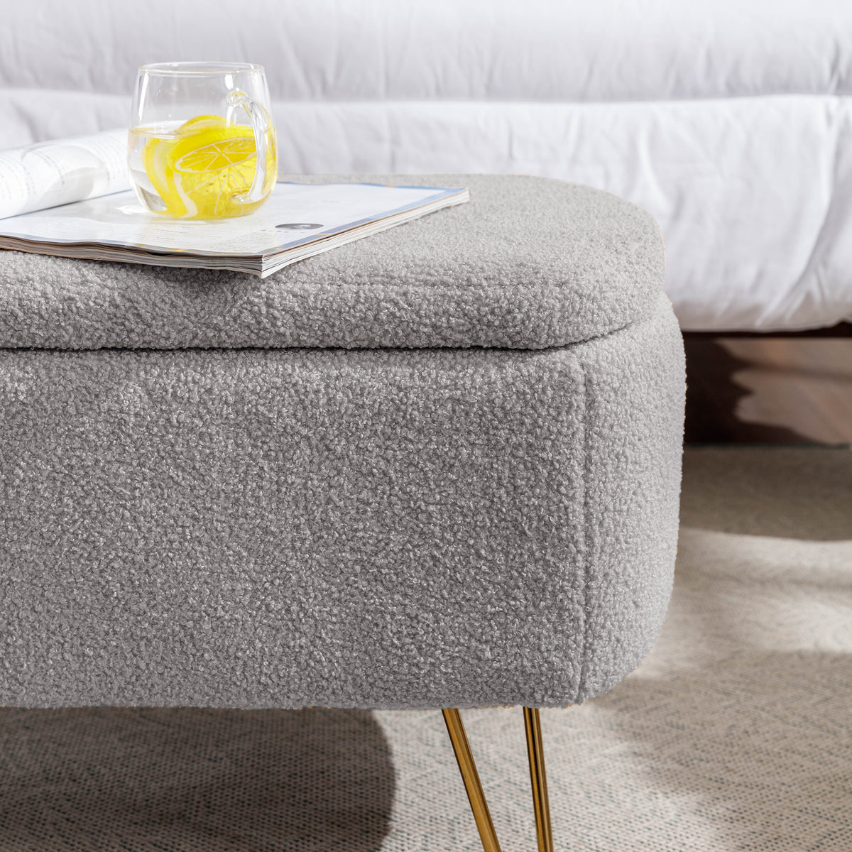 Grey Faux Fur Storage Ottoman Bench with Gold Legs