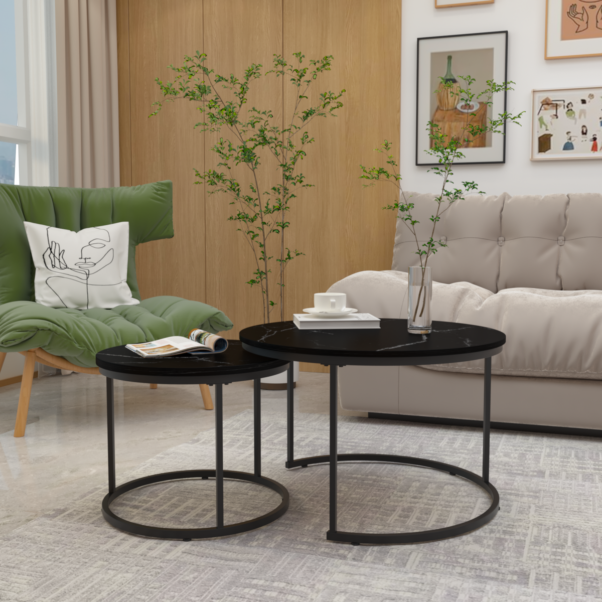Marble Effect Nesting Coffee Table Set of 2 — Black Metal Frame