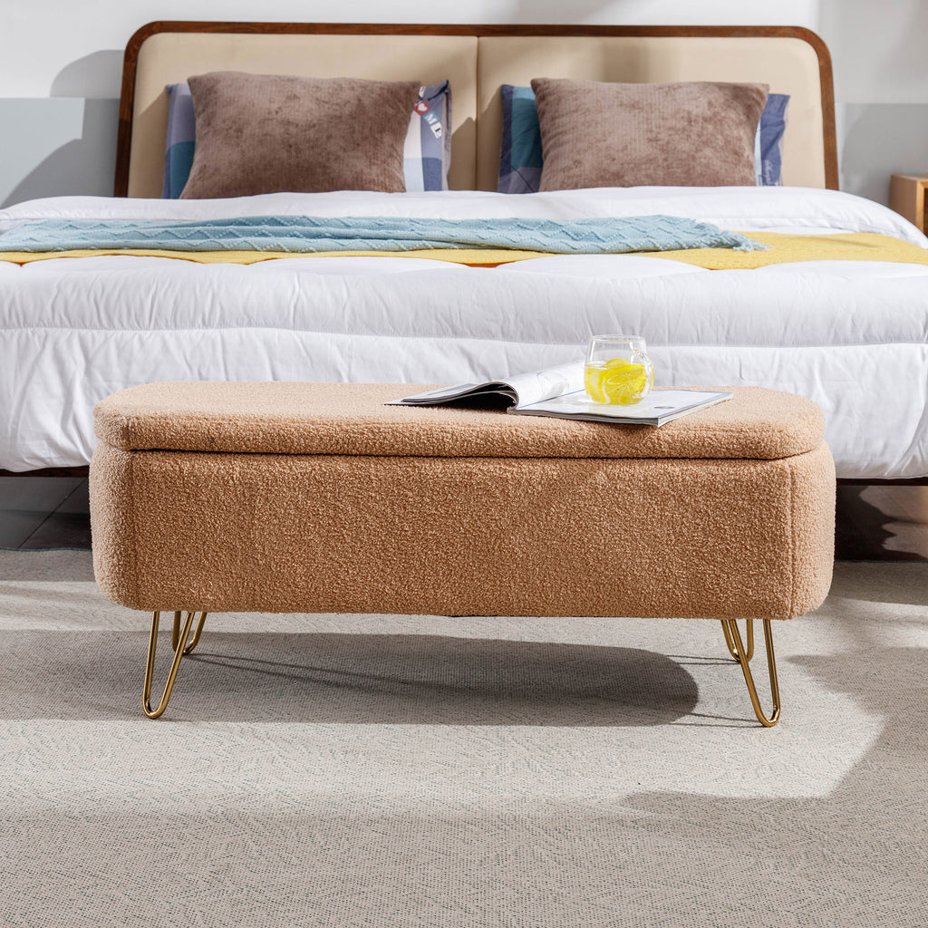 Camel Faux Fur Storage Ottoman Bench with Gold Legs