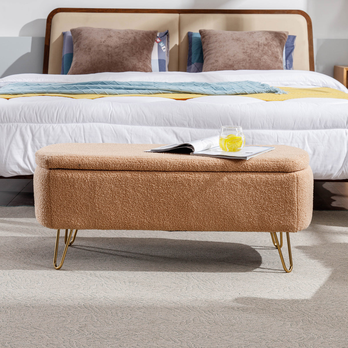 Camel Faux Fur Storage Ottoman Bench with Gold Legs