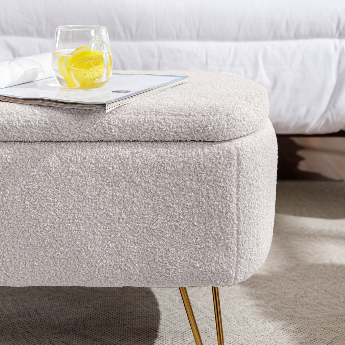 Ivory White Faux Fur Storage Ottoman Bench for End of Bed Gold Legs