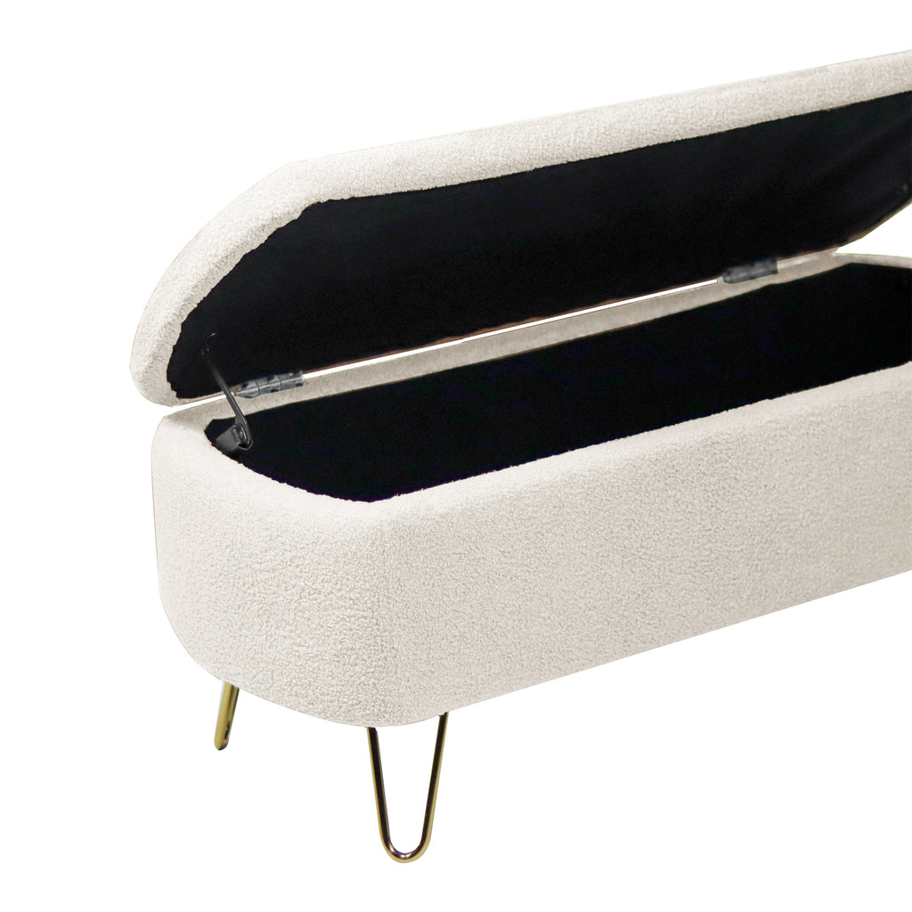 Ivory White Faux Fur Storage Ottoman Bench for End of Bed Gold Legs