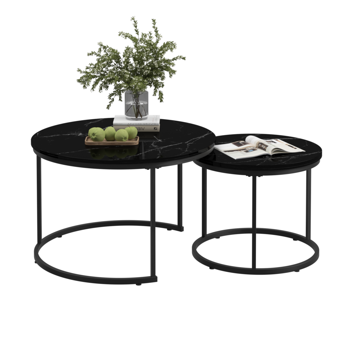 Marble Effect Nesting Coffee Table Set of 2 — Black Metal Frame