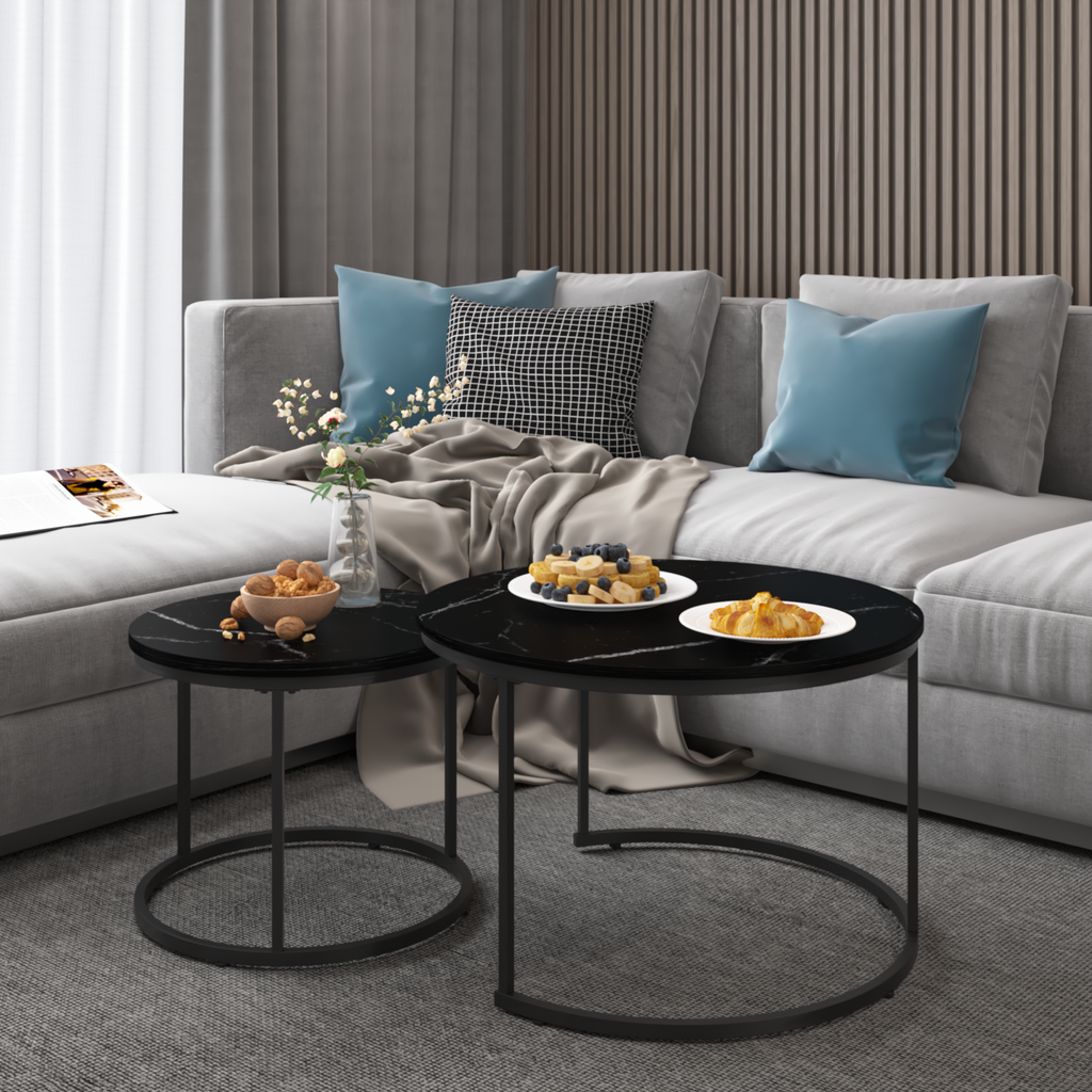 Marble Effect Nesting Coffee Table Set of 2 — Black Metal Frame