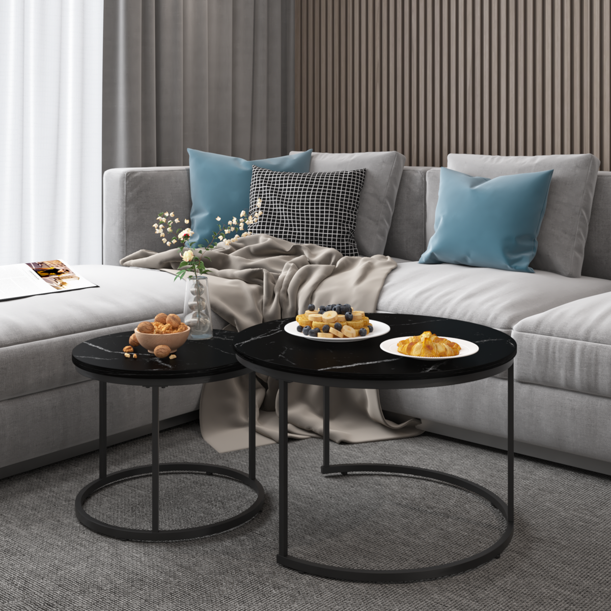 Marble Effect Nesting Coffee Table Set of 2 — Black Metal Frame