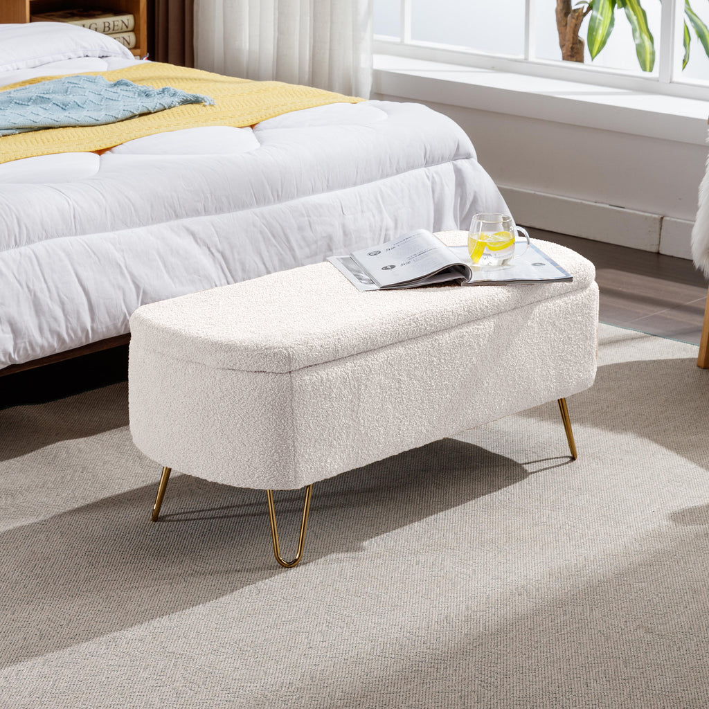 Ivory White Faux Fur Storage Ottoman Bench for End of Bed Gold Legs