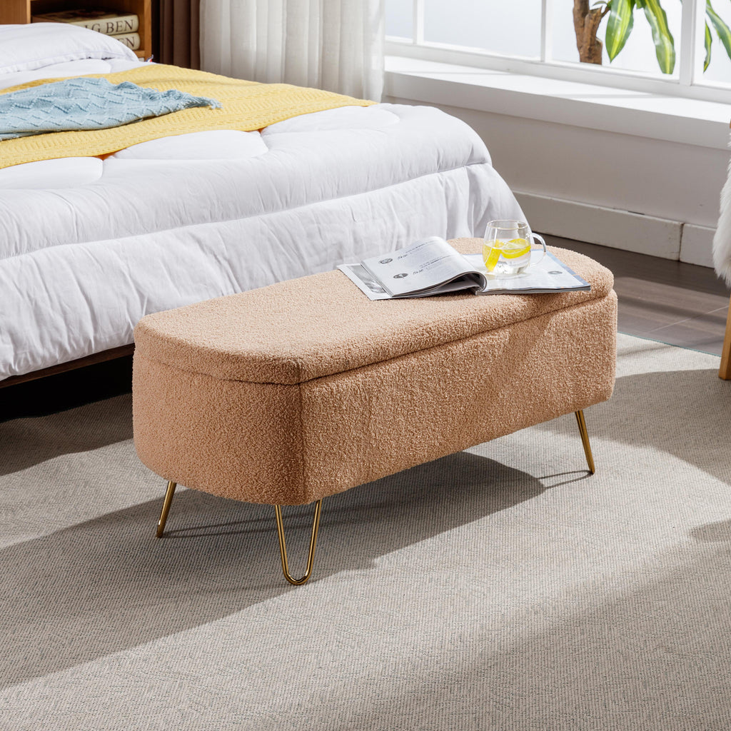Camel Faux Fur Storage Ottoman Bench with Gold Legs
