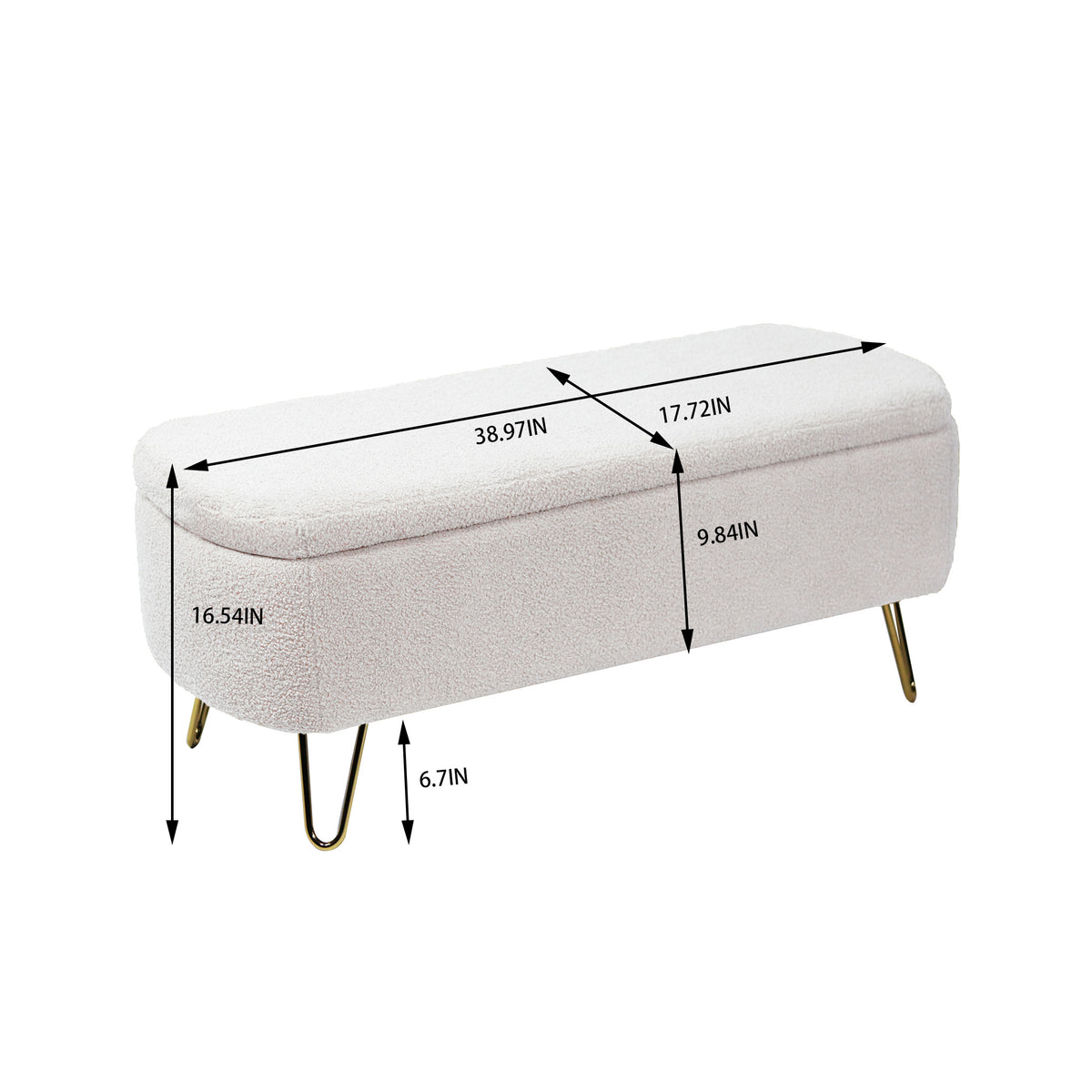 Ivory White Faux Fur Storage Ottoman Bench for End of Bed Gold Legs