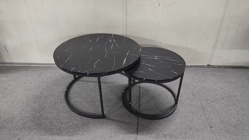 Marble Effect Nesting Coffee Table Set of 2 — Black Metal Frame