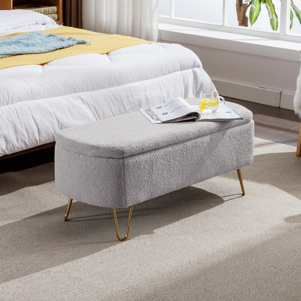 Grey Faux Fur Storage Ottoman Bench with Gold Legs