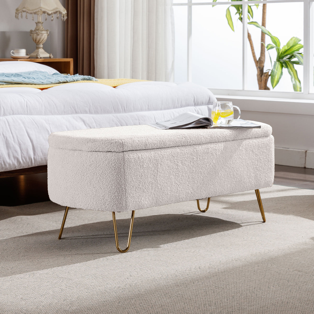 Ivory White Faux Fur Storage Ottoman Bench for End of Bed Gold Legs