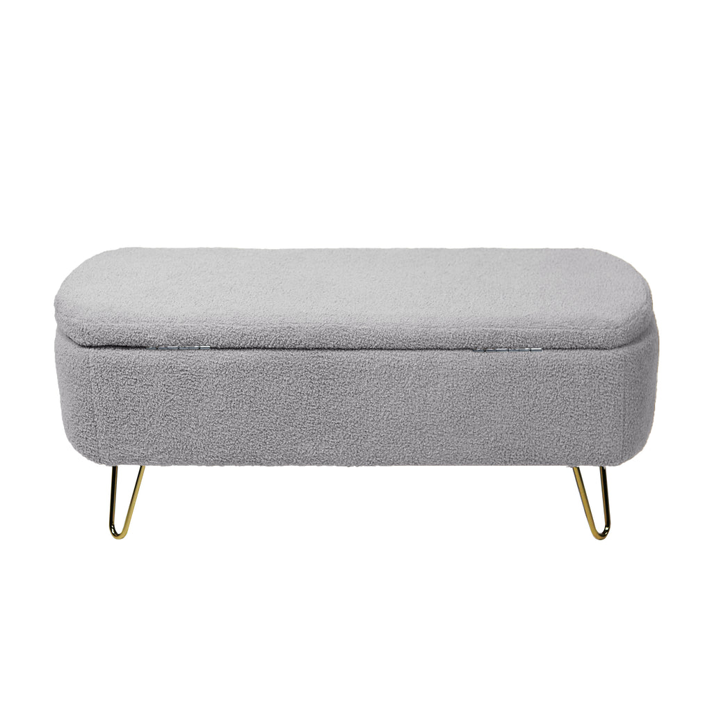 Grey Faux Fur Storage Ottoman Bench with Gold Legs