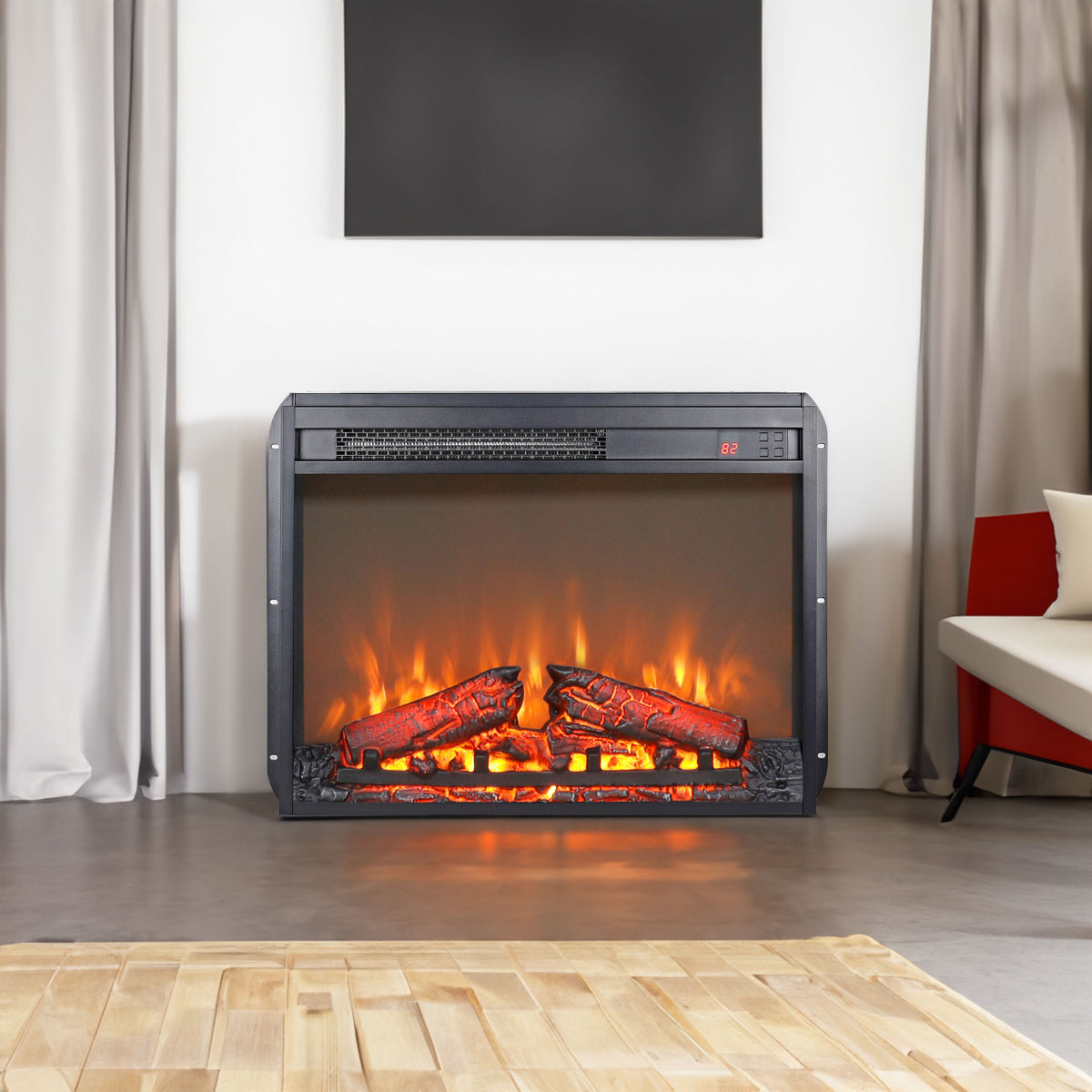 23" Electric Fireplace Insert | Ultra-Slim Heater with Realistic Log Flame Effect & Remote