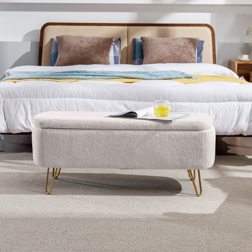 Ivory White Faux Fur Storage Ottoman Bench for End of Bed Gold Legs