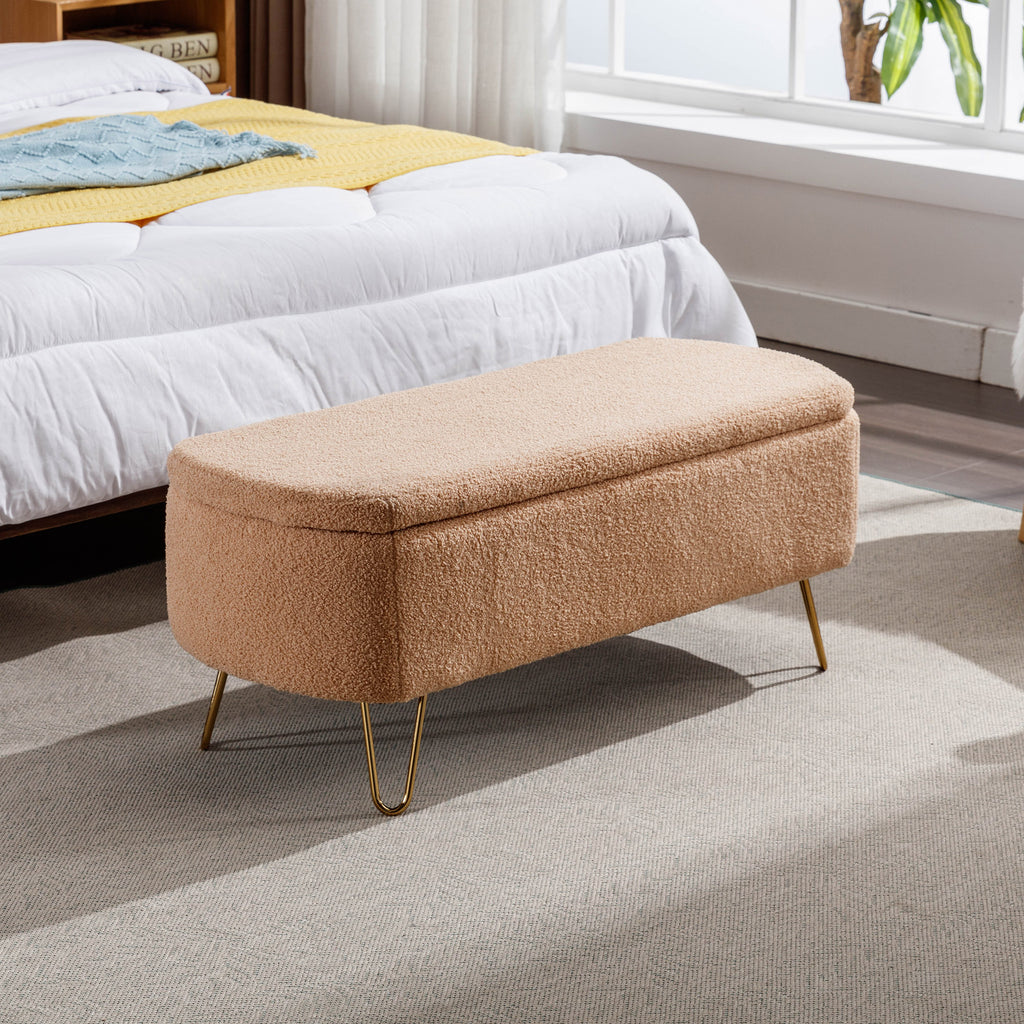Camel Faux Fur Storage Ottoman Bench with Gold Legs