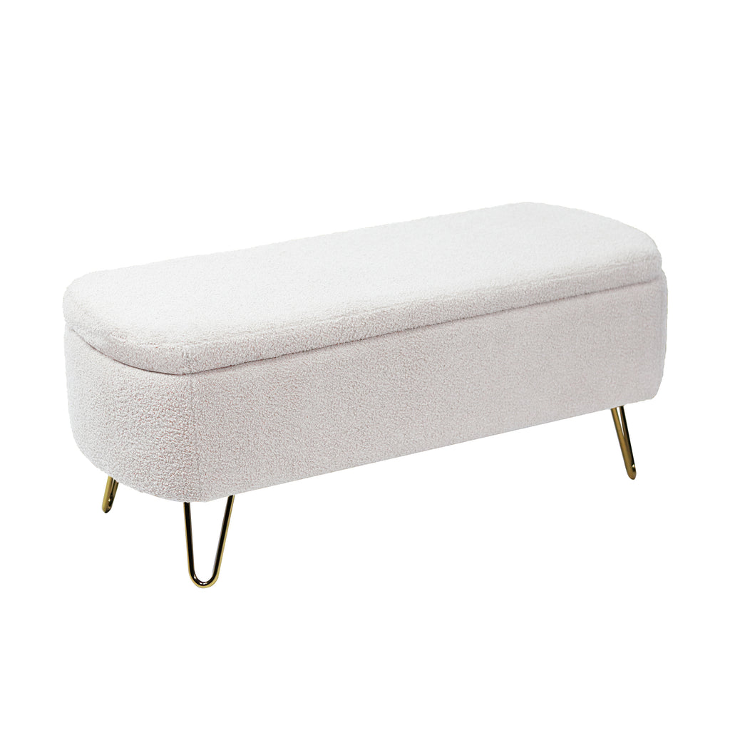 Ivory White Faux Fur Storage Ottoman Bench for End of Bed Gold Legs