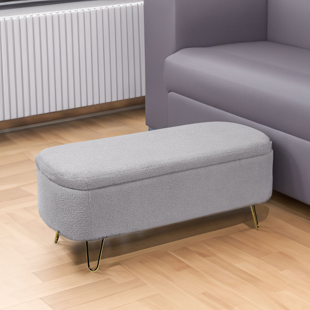 Grey Faux Fur Storage Ottoman Bench with Gold Legs