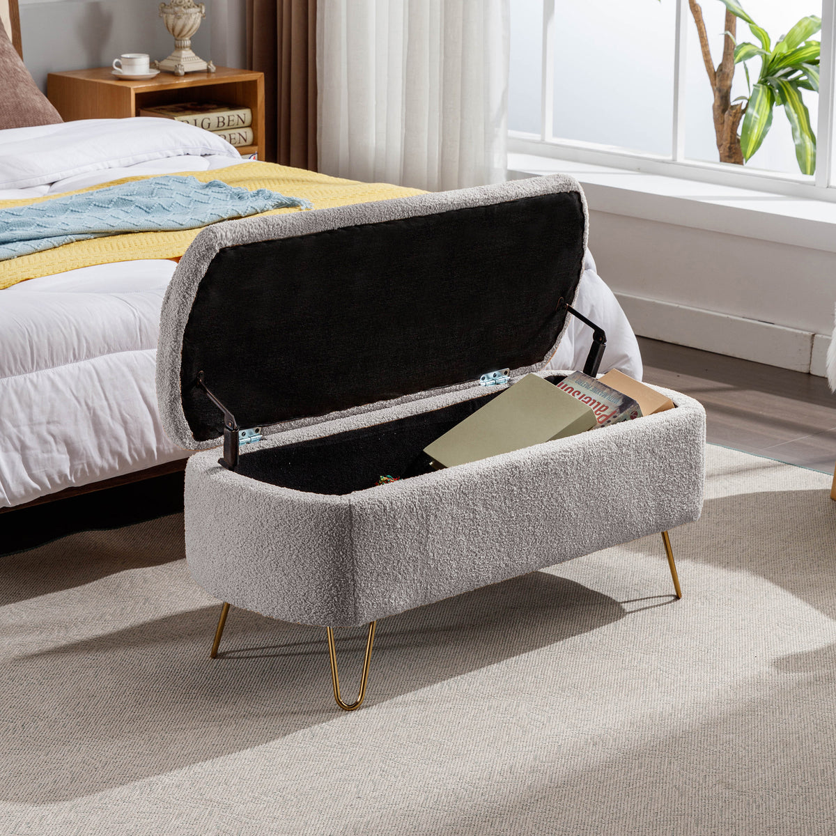 Grey Faux Fur Storage Ottoman Bench with Gold Legs