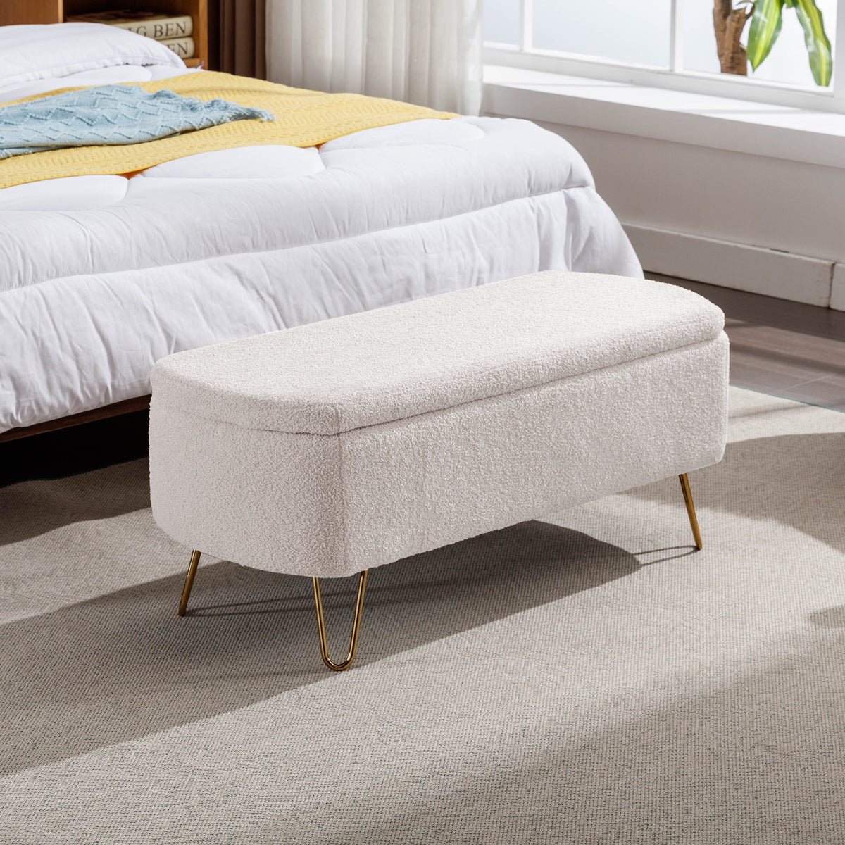 Ivory White Faux Fur Storage Ottoman Bench for End of Bed Gold Legs