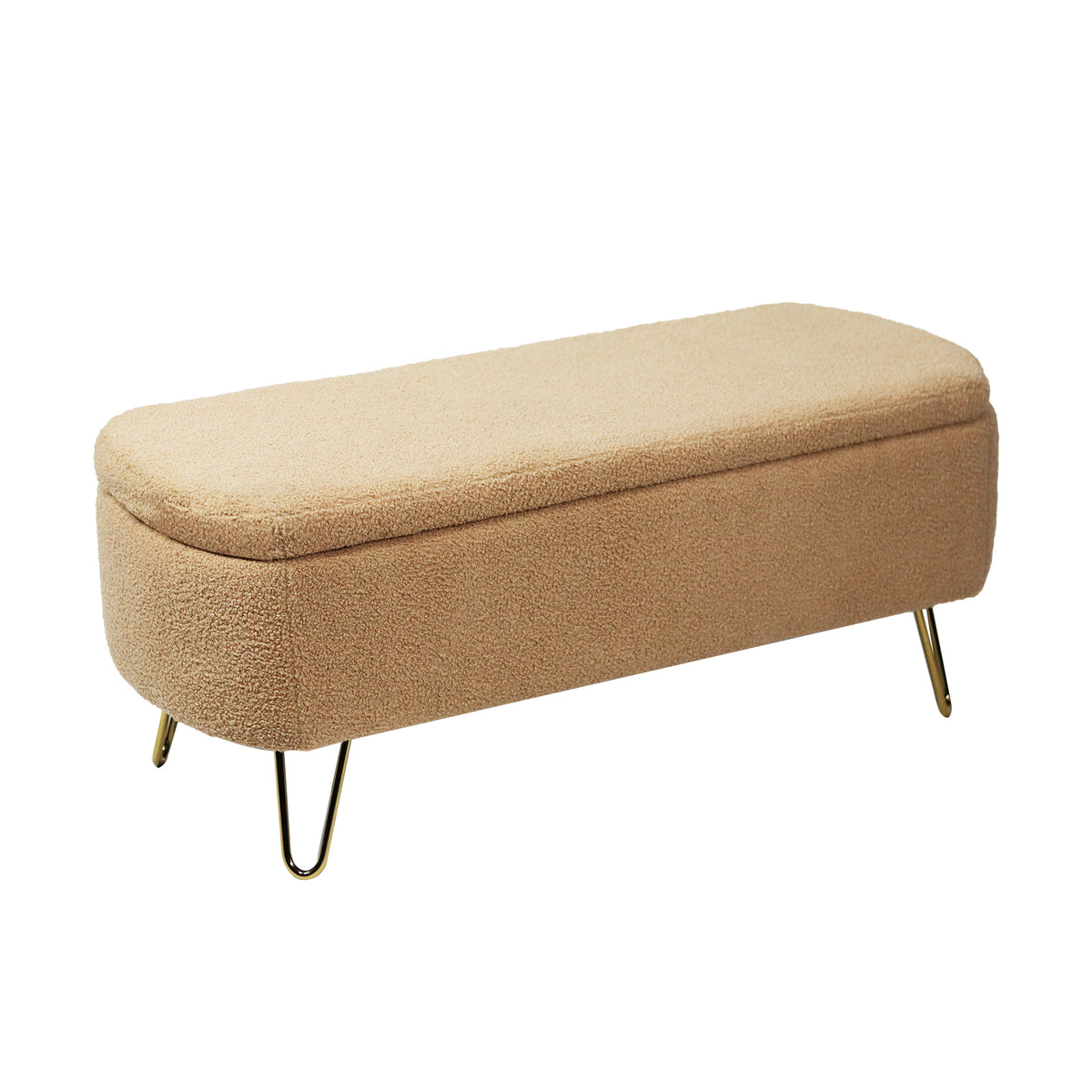 Camel Faux Fur Storage Ottoman Bench with Gold Legs