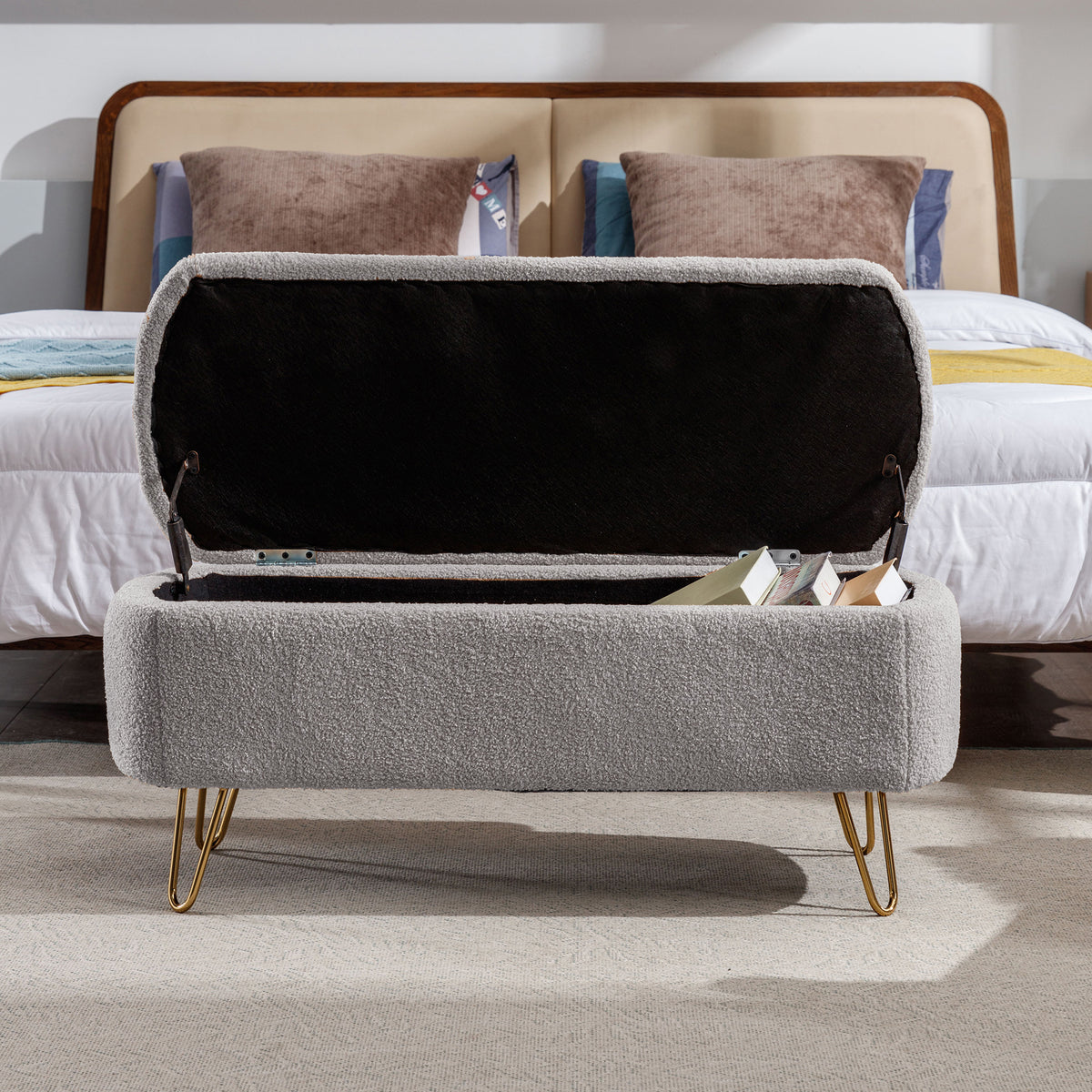 Grey Faux Fur Storage Ottoman Bench with Gold Legs