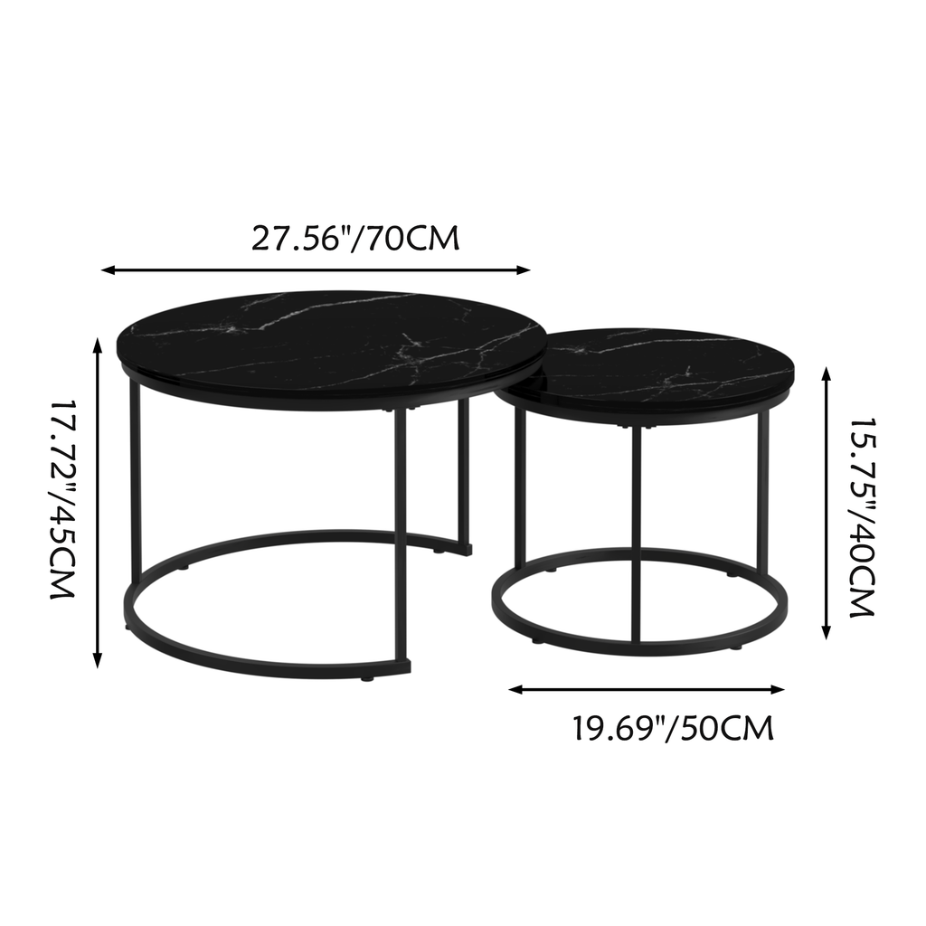 Marble Effect Nesting Coffee Table Set of 2 — Black Metal Frame