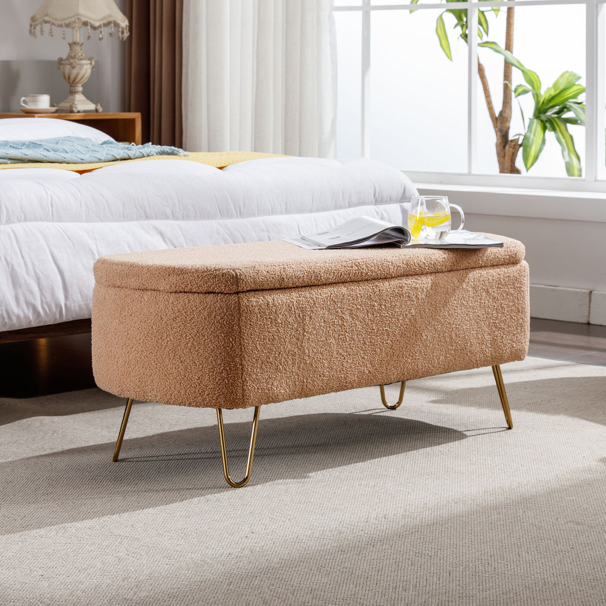 Camel Faux Fur Storage Ottoman Bench with Gold Legs