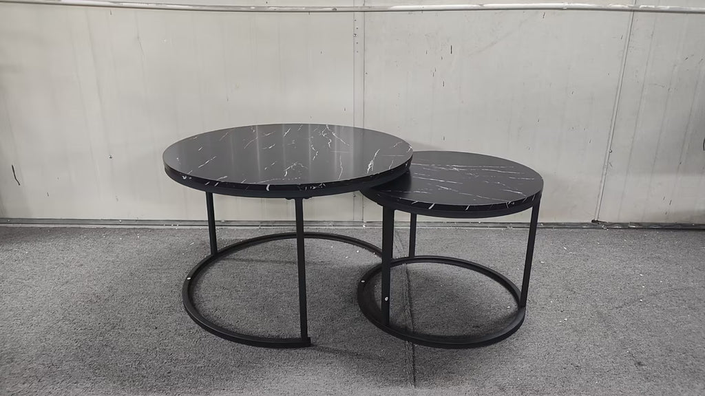 Marble Effect Nesting Coffee Table Set of 2 — Black Metal Frame