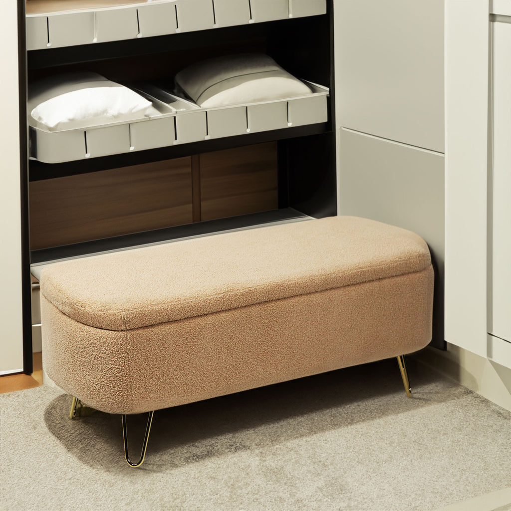 Camel Faux Fur Storage Ottoman Bench with Gold Legs