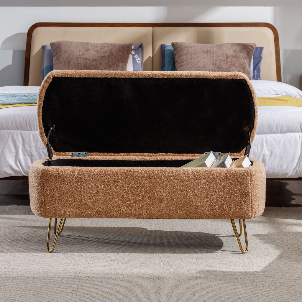 Camel Faux Fur Storage Ottoman Bench with Gold Legs