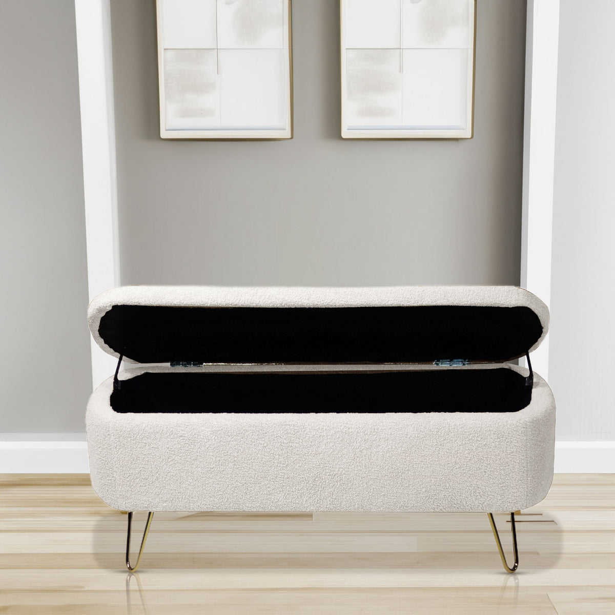 Ivory White Faux Fur Storage Ottoman Bench for End of Bed Gold Legs