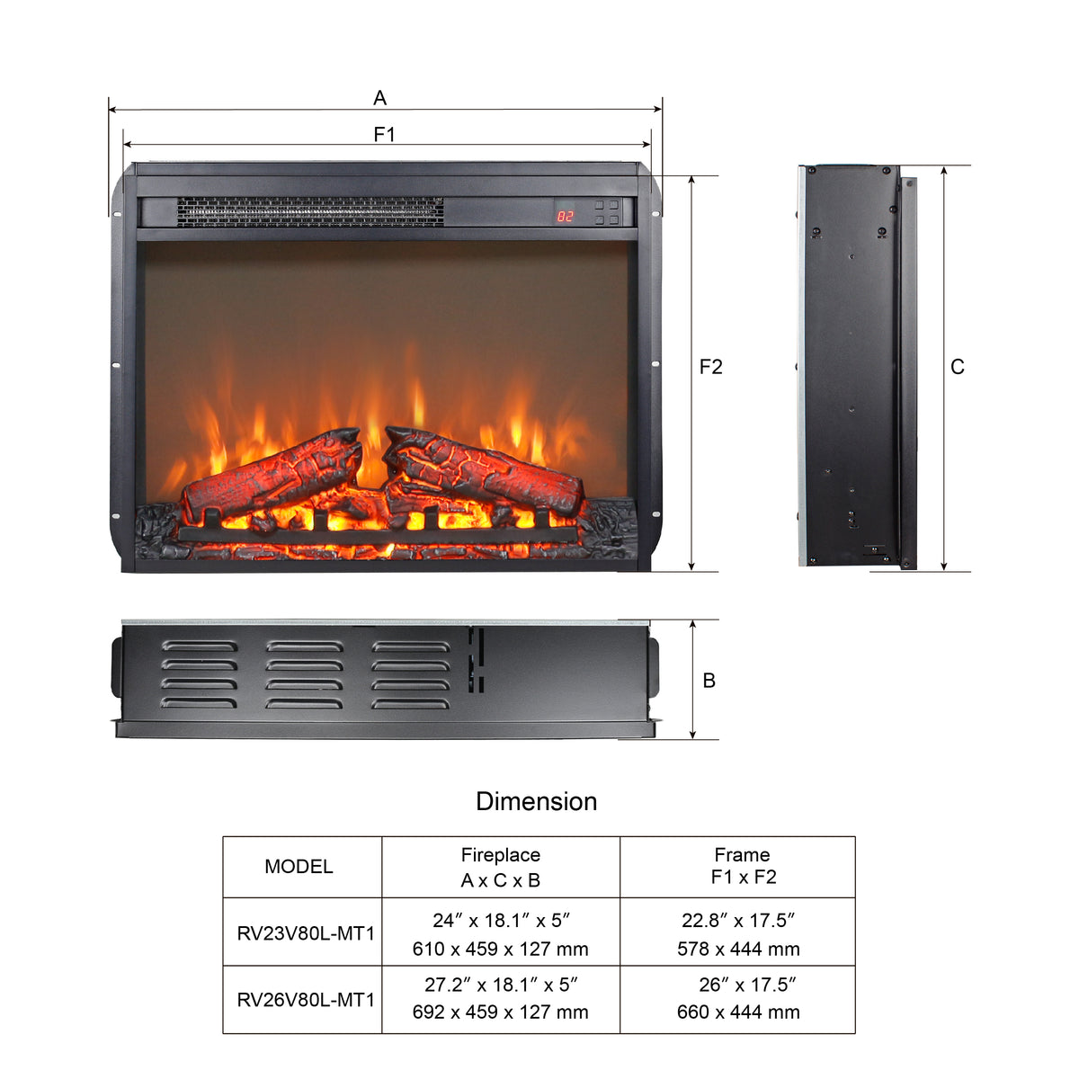 23" Electric Fireplace Insert | Ultra-Slim Heater with Realistic Log Flame Effect & Remote