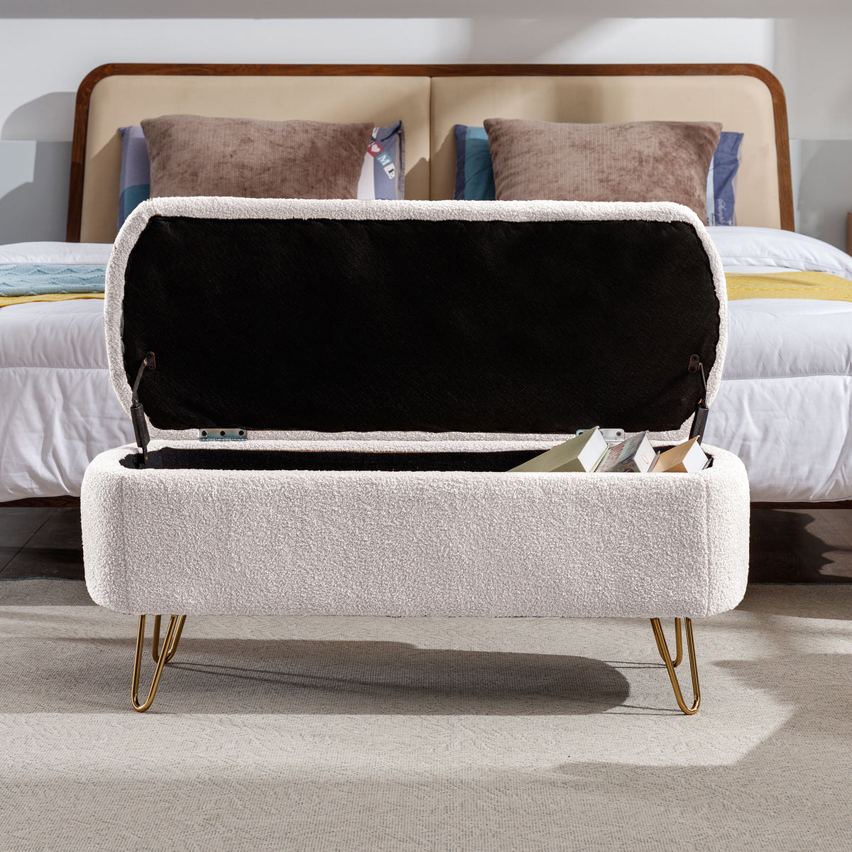 Ivory White Faux Fur Storage Ottoman Bench for End of Bed Gold Legs