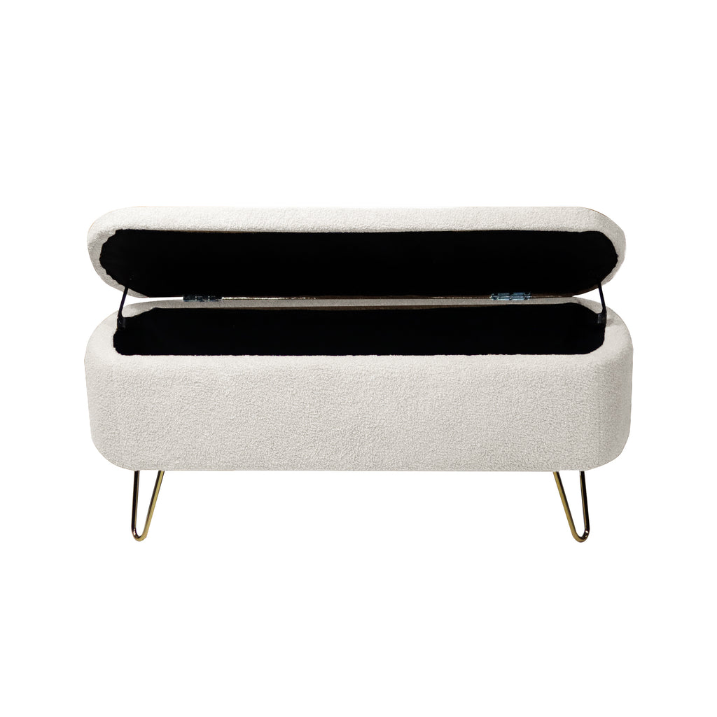 Ivory White Faux Fur Storage Ottoman Bench for End of Bed Gold Legs