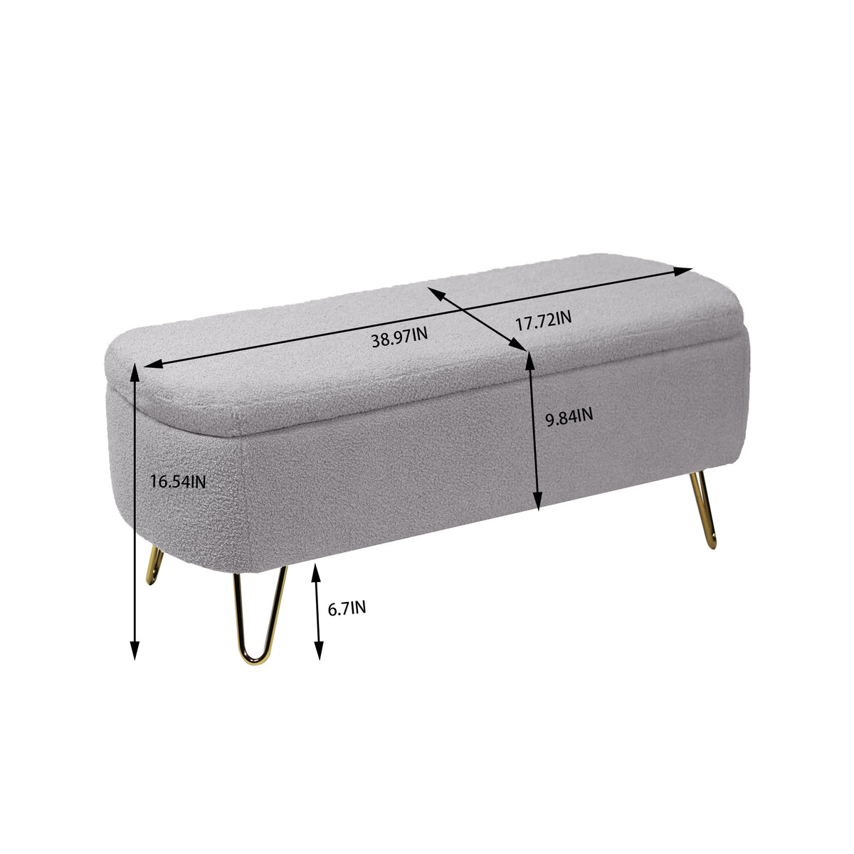 Grey Faux Fur Storage Ottoman Bench with Gold Legs