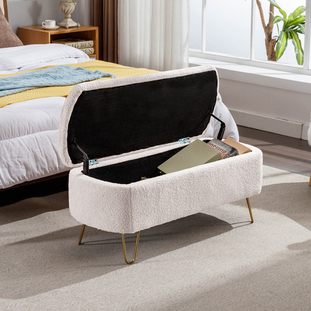 Ivory White Faux Fur Storage Ottoman Bench for End of Bed Gold Legs