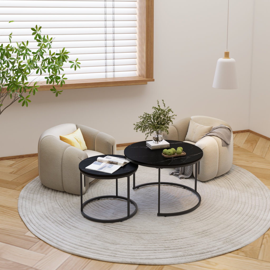 Marble Effect Nesting Coffee Table Set of 2 — Black Metal Frame