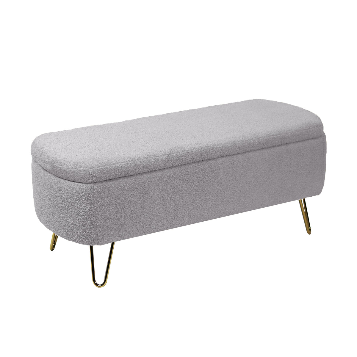 Grey Faux Fur Storage Ottoman Bench with Gold Legs