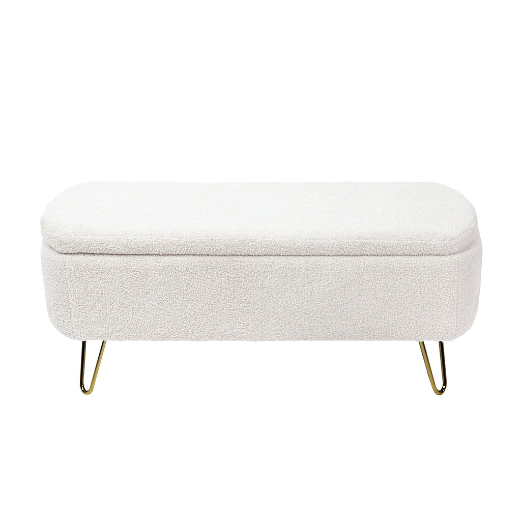 Ivory White Faux Fur Storage Ottoman Bench for End of Bed Gold Legs