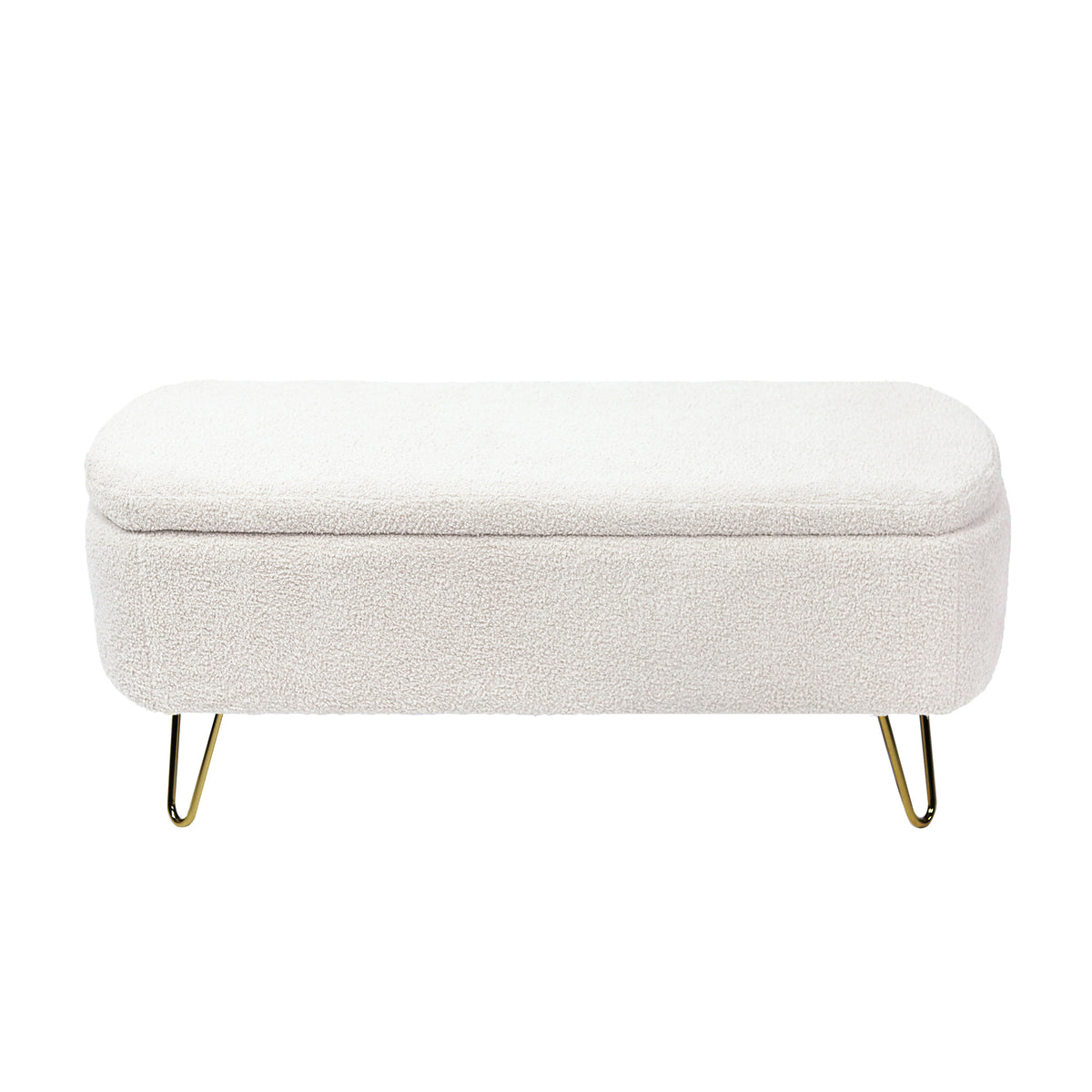 Ivory White Faux Fur Storage Ottoman Bench for End of Bed Gold Legs