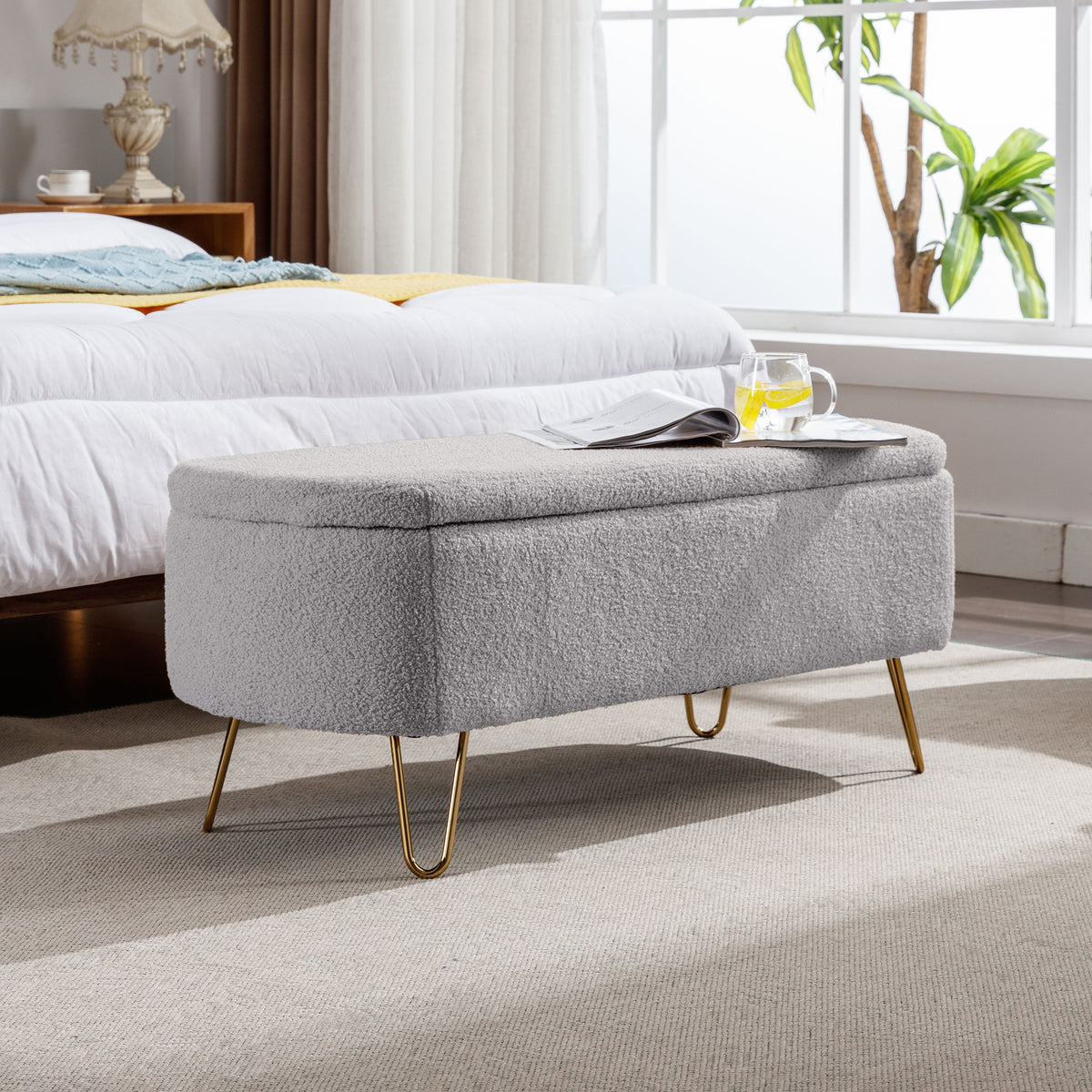 Grey Faux Fur Storage Ottoman Bench with Gold Legs