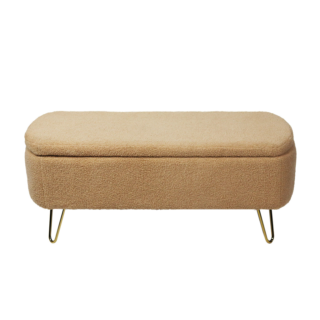 Camel Faux Fur Storage Ottoman Bench with Gold Legs