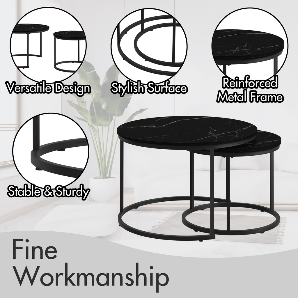 Marble Effect Nesting Coffee Table Set of 2 — Black Metal Frame